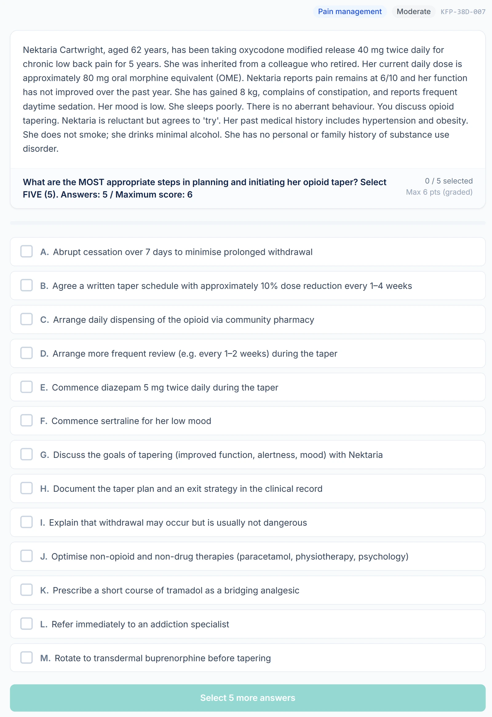 Sample KFP question on the FocusGP platform showing a clinical vignette and multi-select options