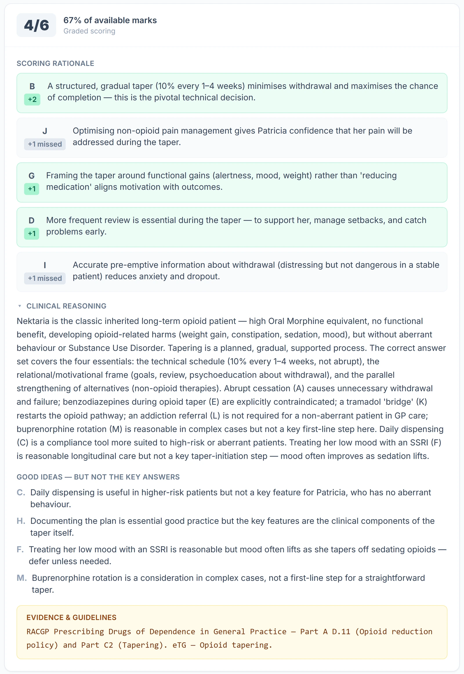Answer reveal screen showing graded scoring rationale per option, clinical reasoning, and guideline citations